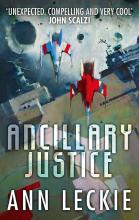 Cover image of Ancillary Justice by Ann Leckie, featuring fighter-style space ships flying in front of a much larger ship which is flying in front of a planet or moon