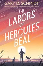 Cover image of The Labors of Hercules Beal by Gary D. Schmidt, featuring a sunset on the beach with constellations in the sky and the outline of a person, a dog, and a cat