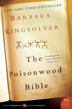 Cover image of The Poisonwood Bible by Barbara Kingsolver, featuring the inside of a book with ancient-looking art of people